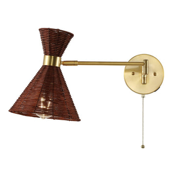 Lily 25" 1-Light Mid-Century Vintage Retro Rattan/Metal USB Charging Swing Arm LED Sconce with Pull Chain - JONATHAN Y